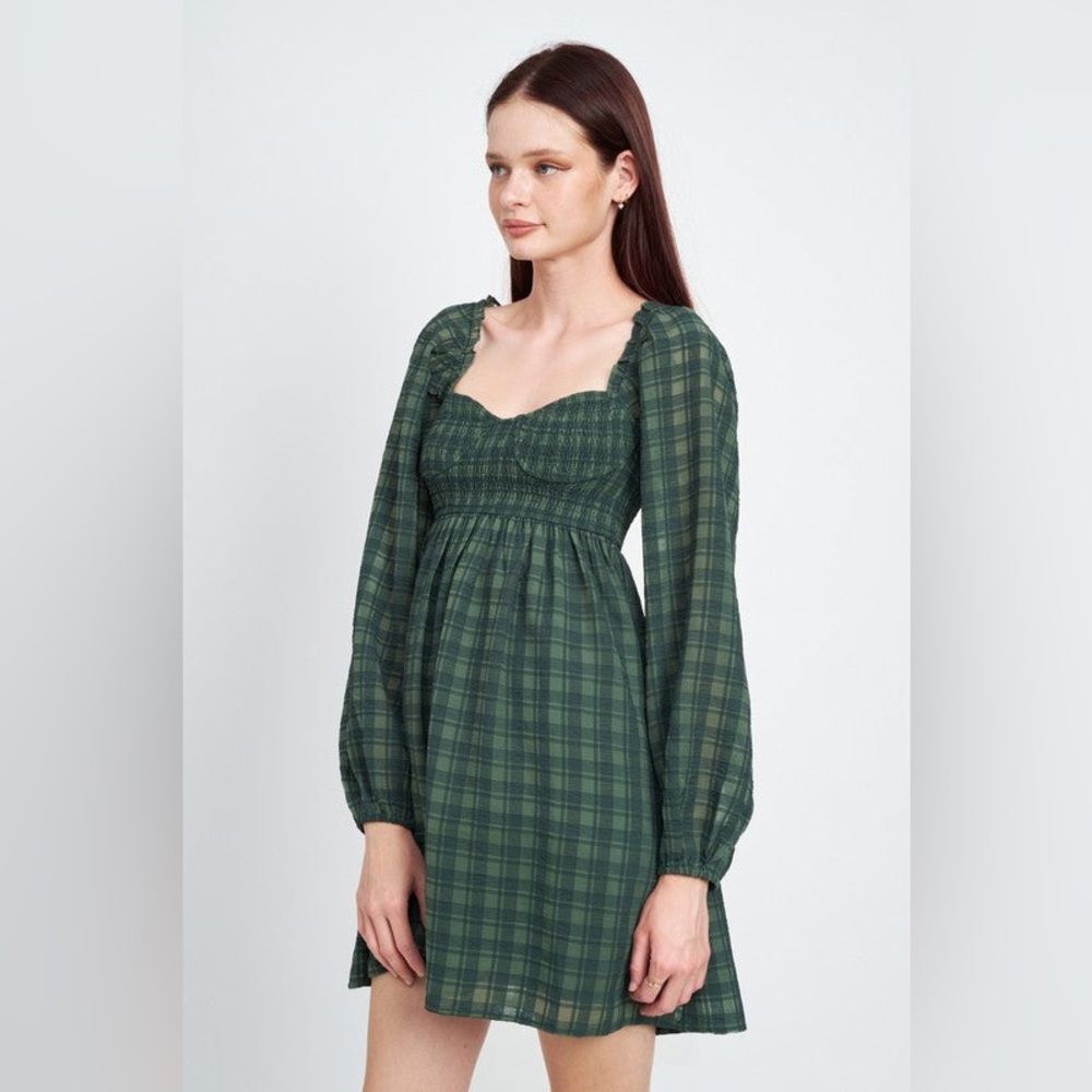 Forest Green Plaid Smocked Babydoll Dress Sweetheart Neckline Long Sleeve Sz S